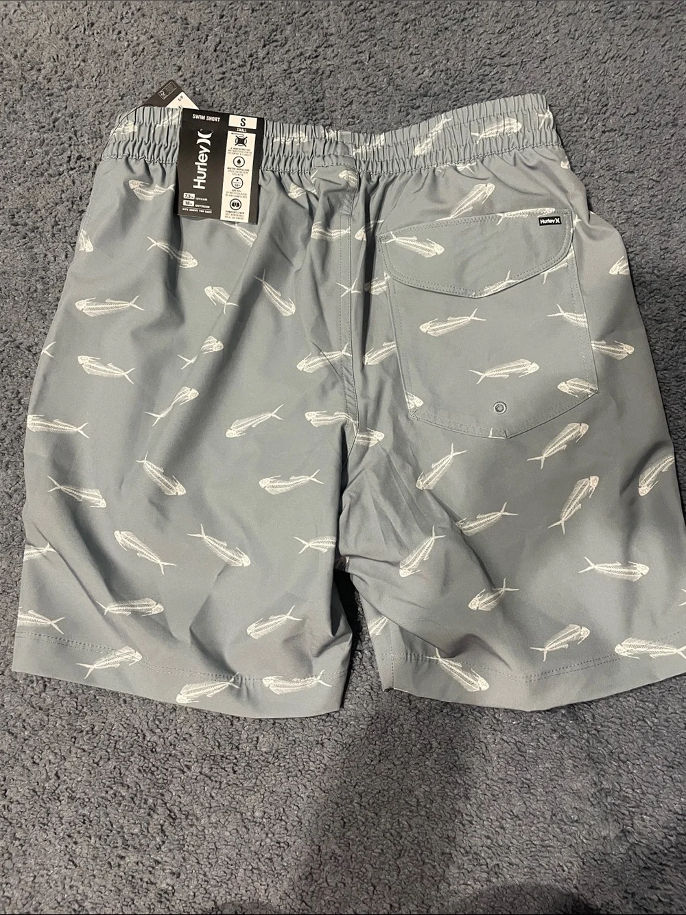 Hurley Light Gray Swim Shorts with White Fish Motif- NWT